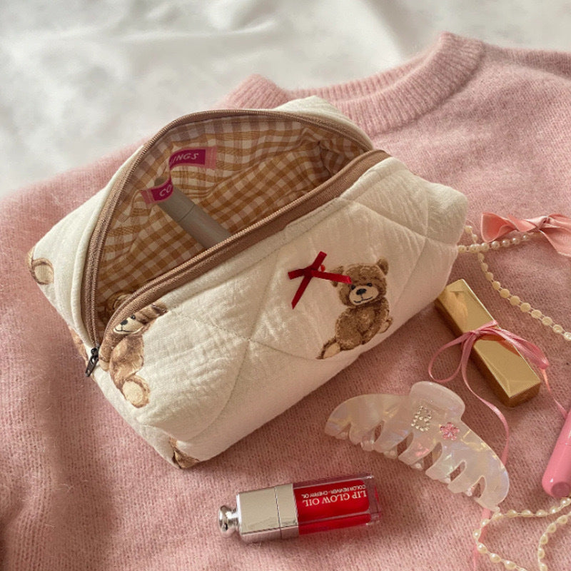 Teddy Bear Bow Quilted Cosmetic Bag