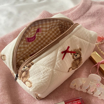Teddy Bear Bow Quilted Cosmetic Bag