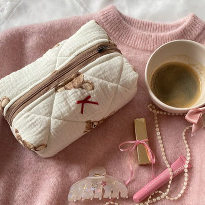 Teddy Bear Bow Quilted Cosmetic Bag