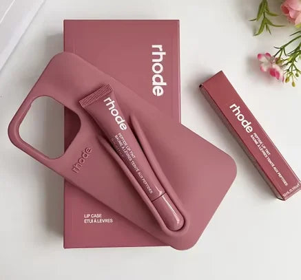 Rhode Pink lip case, lip balm, and lip liner set with 'rhode' branding on a white background.