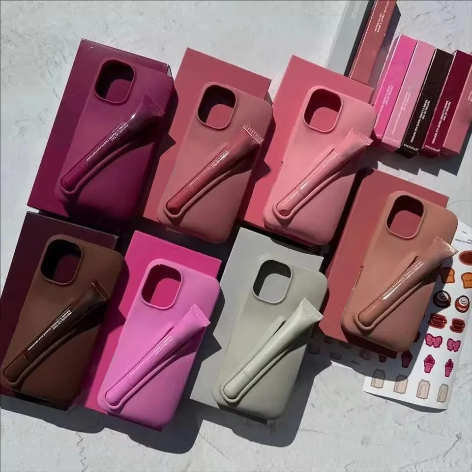 Collection of colorful phone cases on a textured surface