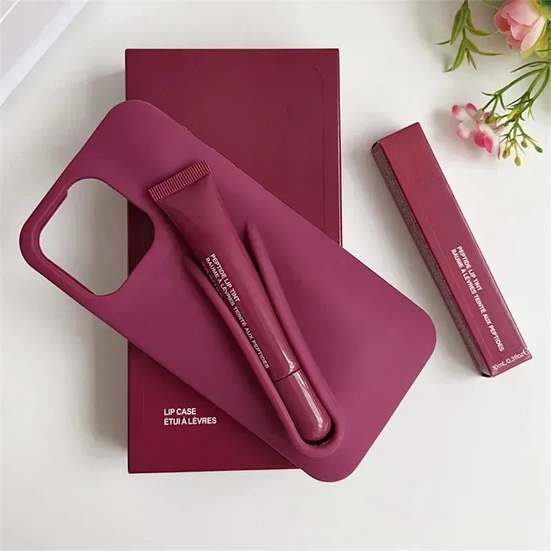 Pink Rhode phone case with a matching lip balm on a white background