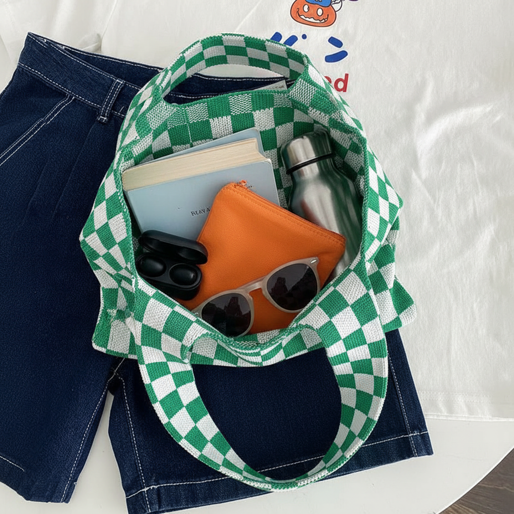 Ivy Knit Checkered Tote Bag