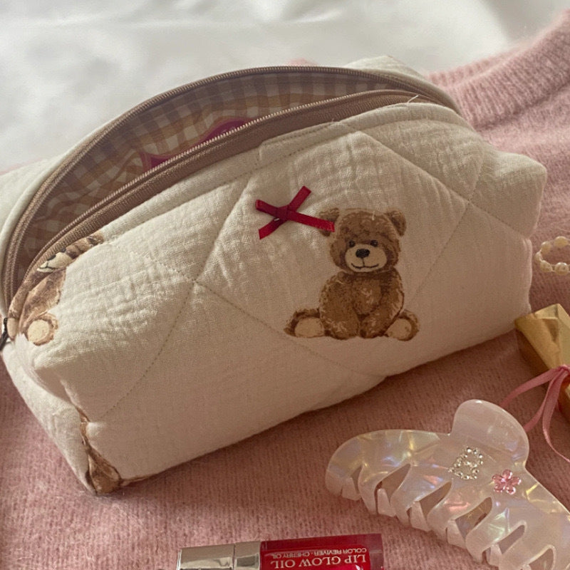 Teddy Bear Bow Quilted Cosmetic Bag